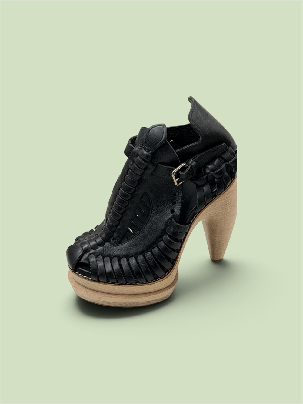 Proenza Schouler Black Woven Leather Platform Heel with Wood Tone Sole